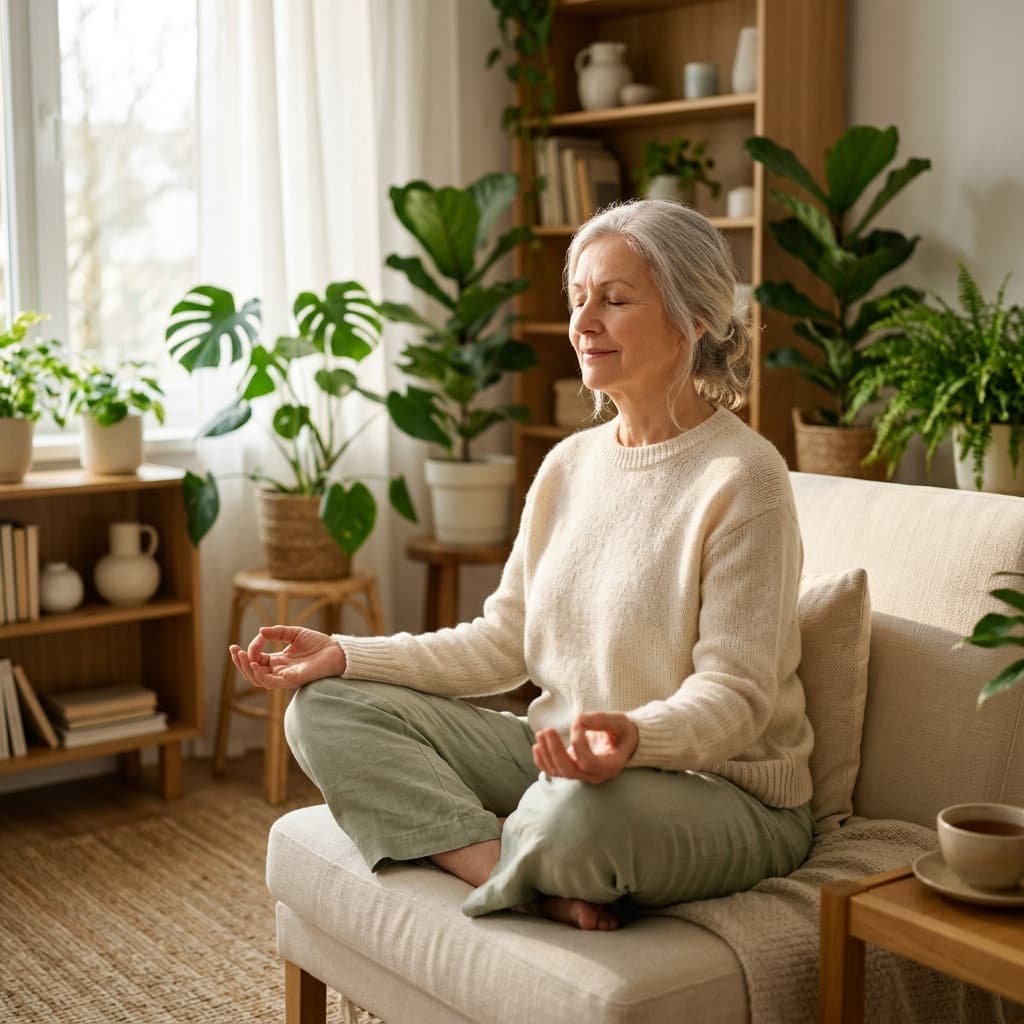 A peaceful senior woman meditating in soft morning light